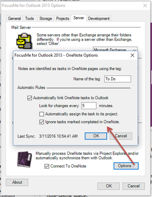 OneNote Options in FocusMe